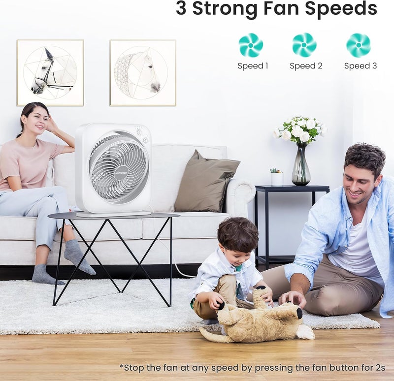 AMACOOL Table Fan, 12 inch Box Fan with 3 Adjustable Speeds & 8HRS Timer, 270° Pivoting Quiet Air Circulator, Desktop Fan for Bedroom Bathroom Kitchen Office, AC Adapter Included-White - Image 2